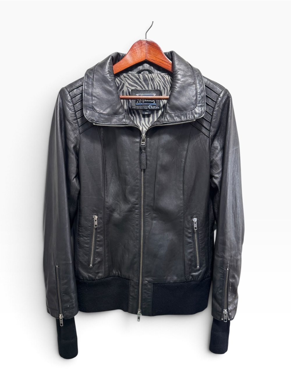 MACKAGE Aritzia Black Lambskin Leather Bomber Jacket Wool Knit Cuffs Waist Large